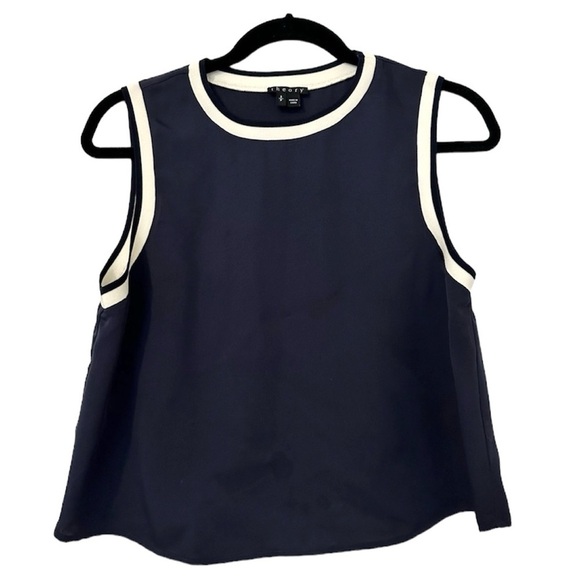 Theory Bonda Sleeveless Silk Crop Top Womens Small Navy White - Picture 3 of 8